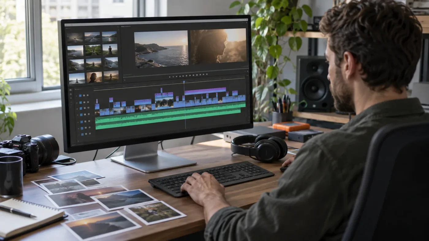 Illustration of selected clips with audio assembled into a DaVinci Resolve timeline