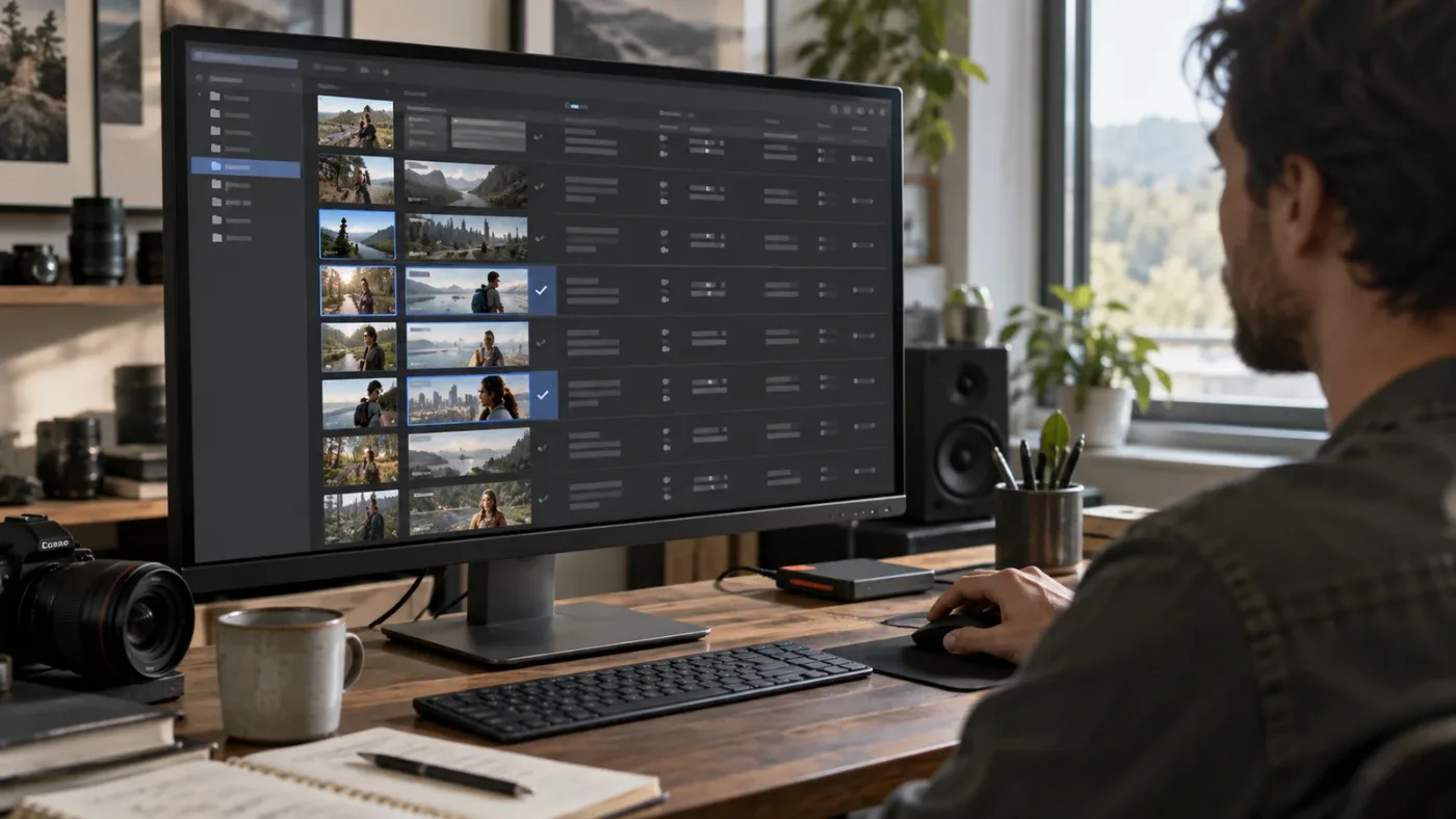 Illustration of a DaVinci Resolve bin sorted for selected clip assembly