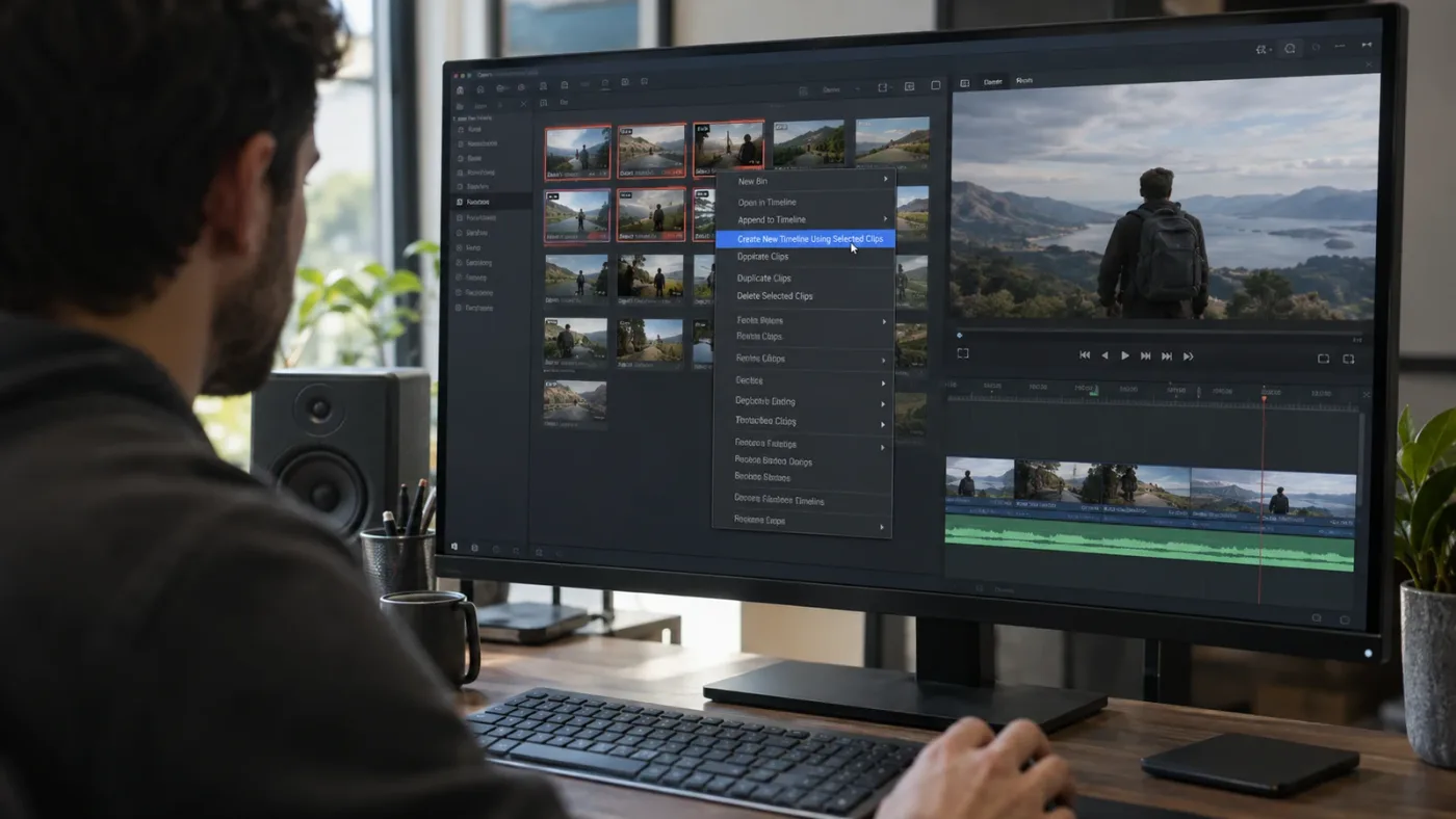 Illustration of the selected-clip timeline command in a DaVinci Resolve context menu