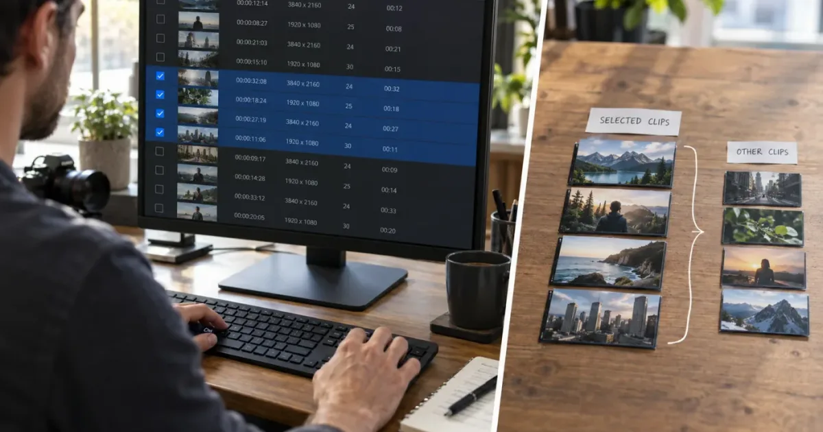 Illustration of selected DaVinci Resolve clips becoming a new timeline