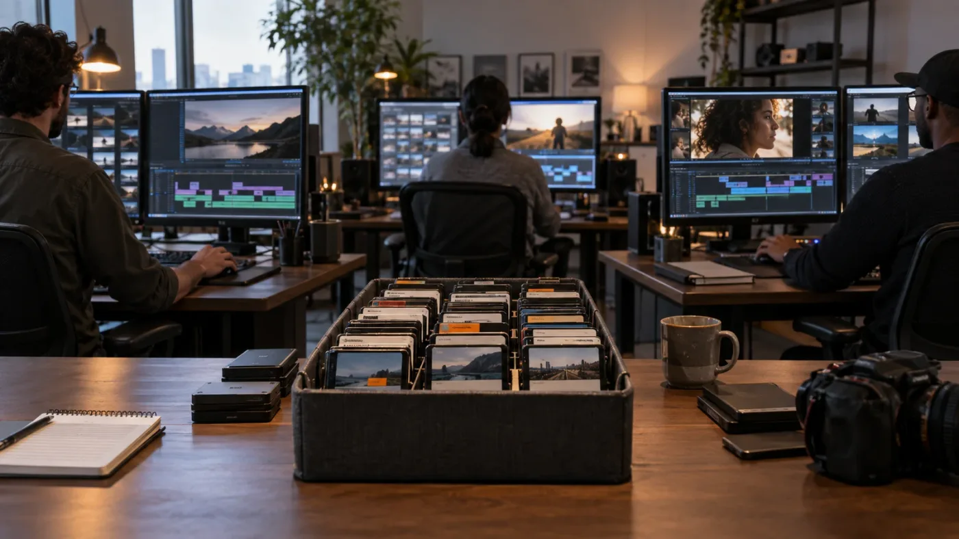 Illustration of one DaVinci Resolve source bin producing several editorial timelines
