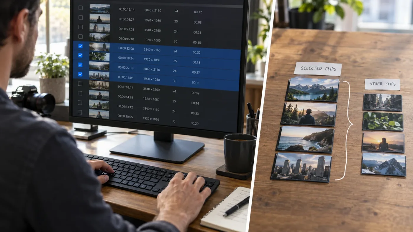 Illustration of selected media clips prepared for a new DaVinci Resolve timeline