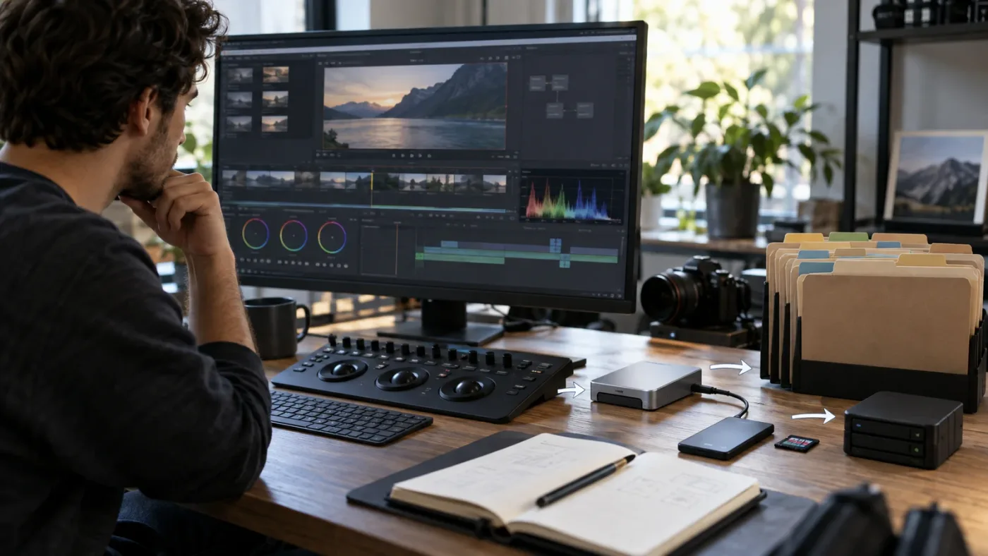 Illustration of a DaVinci Resolve template troubleshooting flow for missing bins and settings