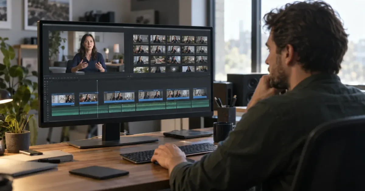 Illustration of a video editor organizing a long DaVinci Resolve recording into subclips
