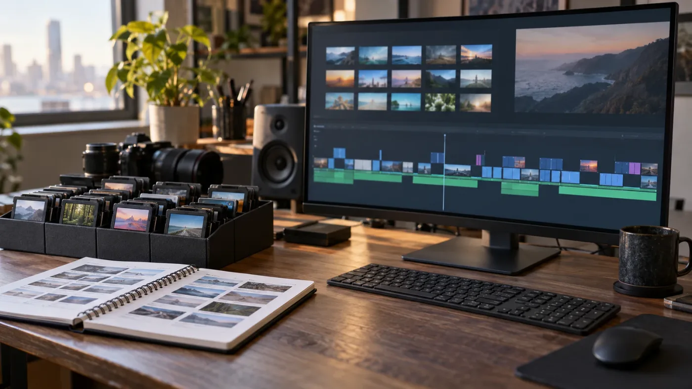 Illustration of an organized DaVinci Resolve subclip library and selects timeline