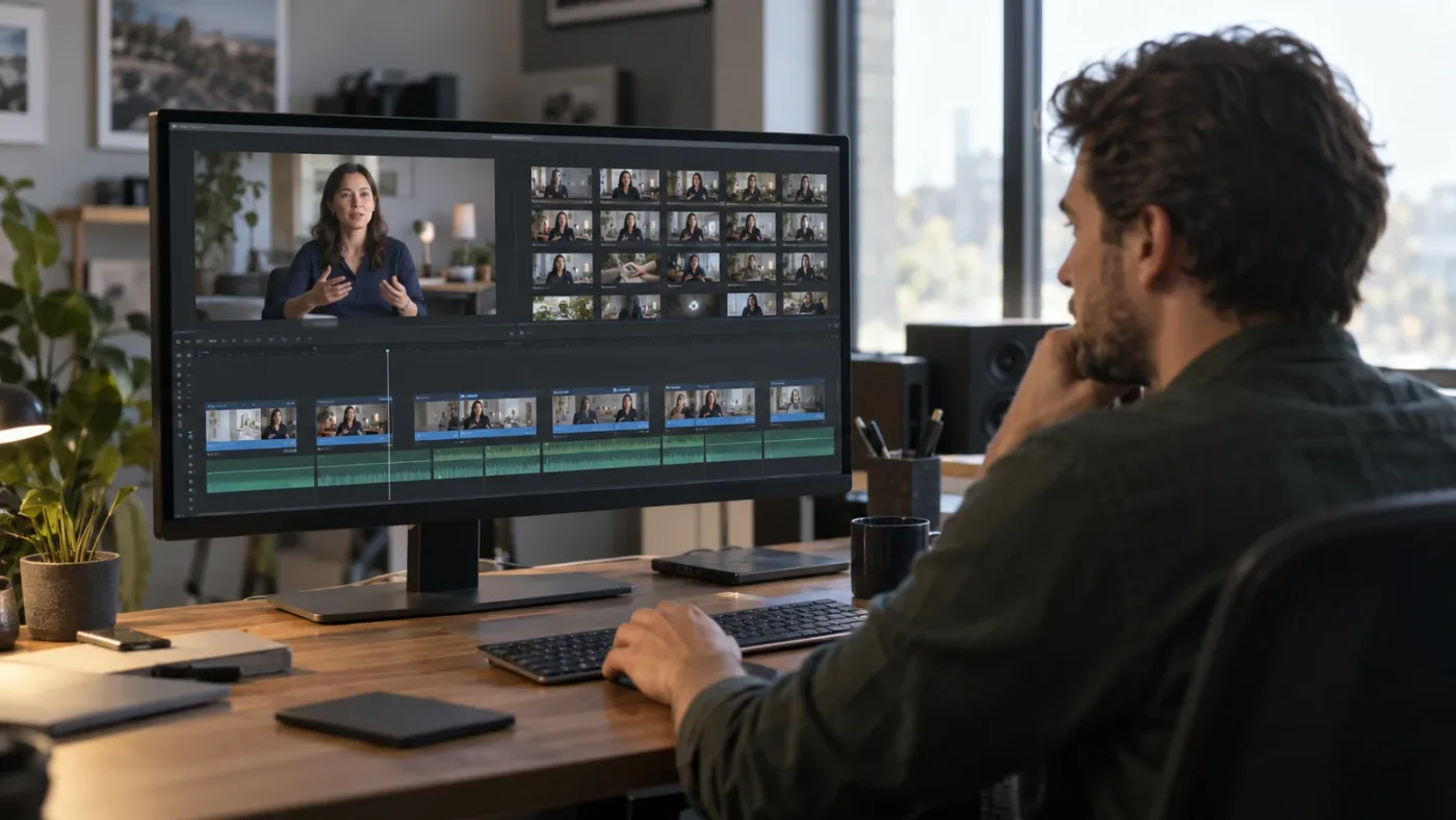 Illustration of a long interview clip becoming organized DaVinci Resolve subclips