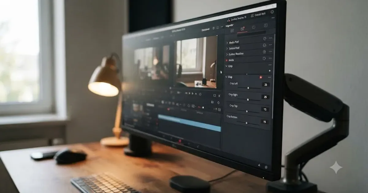 Illustration of a DaVinci Resolve Inspector panel with Crop Left, Right, Top, and Bottom sliders framing a video clip