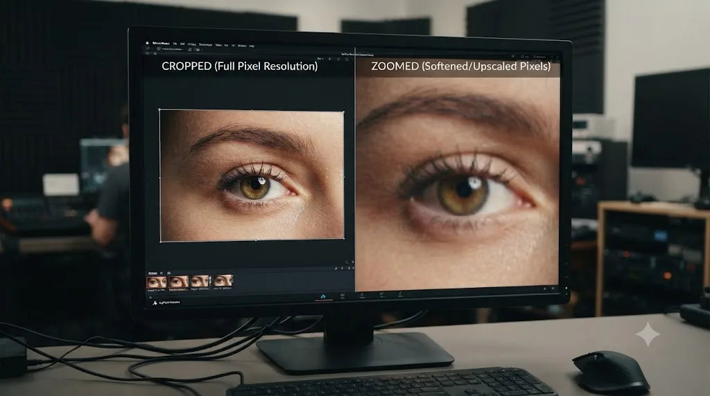 Illustration comparing a cropped frame that keeps full resolution against a zoomed frame with softened, scaled pixels