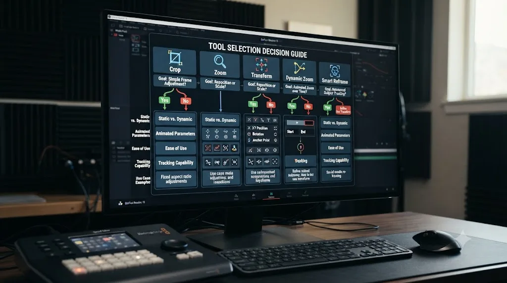 Illustration of a comparison chart weighing Crop, Zoom, Transform, Dynamic Zoom, and Smart Reframe tools in DaVinci Resolve