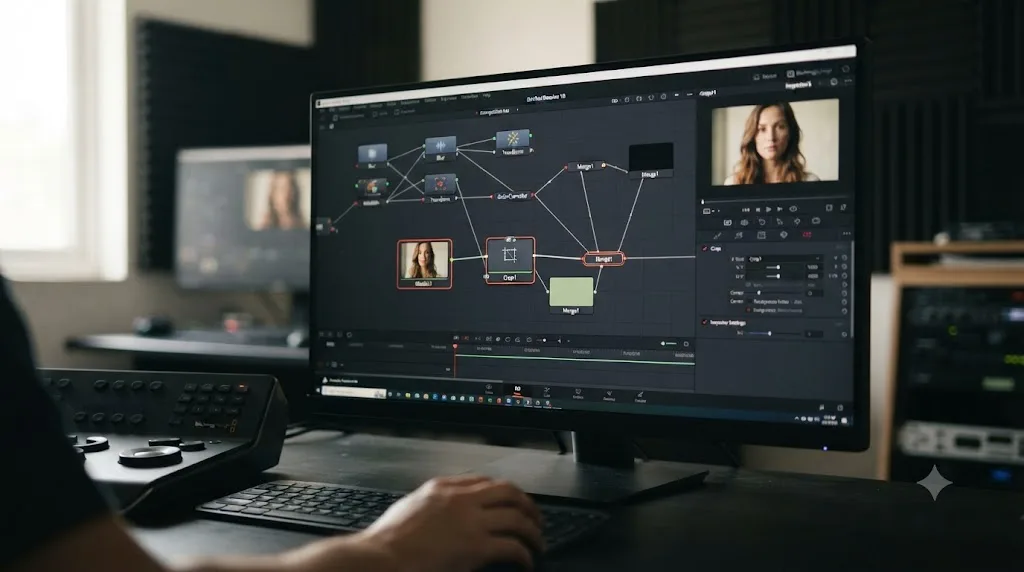 Illustration of a Crop node connected in the DaVinci Resolve Fusion page node graph