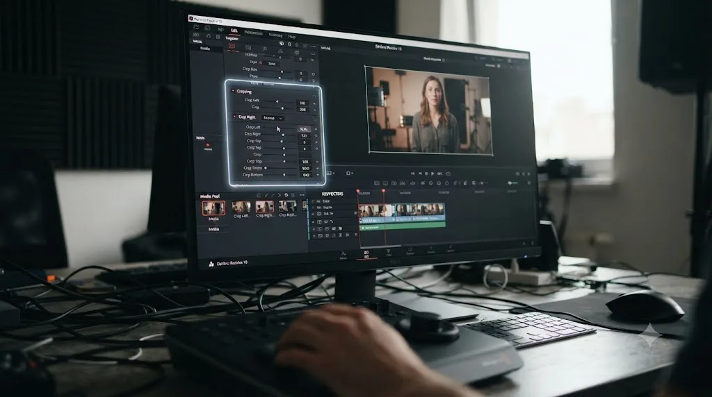 Illustration of an on-screen assistant pointing at the Cropping control inside a DaVinci Resolve project