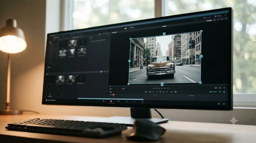 Illustration of onscreen crop handles surrounding a clip in the DaVinci Resolve Viewer