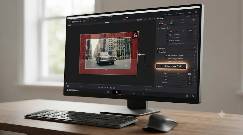 Illustration of the Retain Image Position checkbox locking a crop box in place in DaVinci Resolve