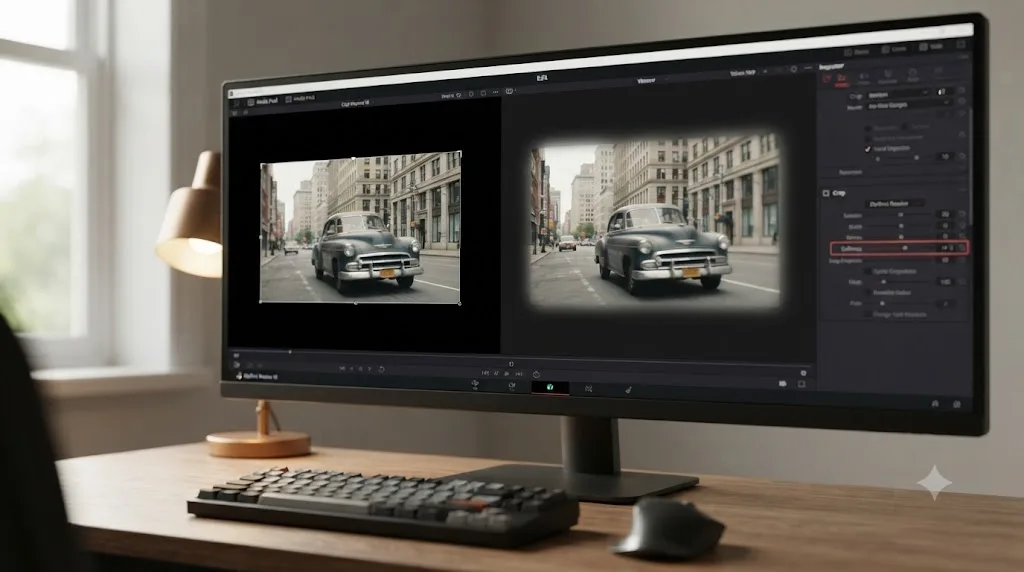 Illustration of the Softness slider feathering the edge of a crop box in DaVinci Resolve