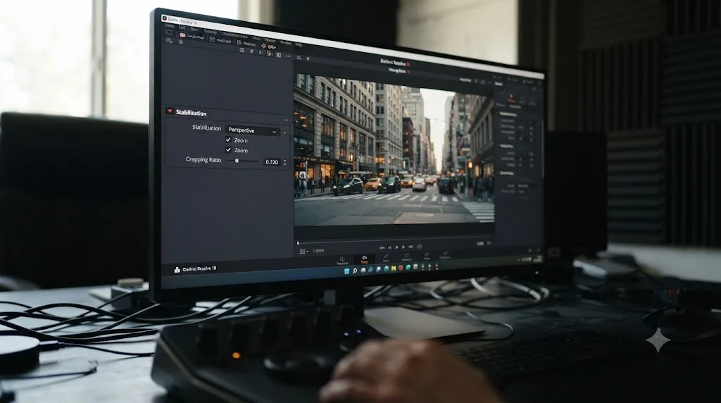 Illustration of the Stabilization panel's Zoom checkbox and Cropping Ratio setting in DaVinci Resolve