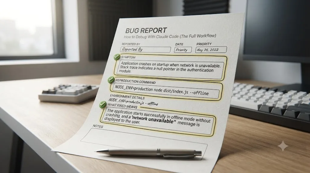 Illustration of a structured bug report form with fields for symptom, reproduction command, and definition of fixed