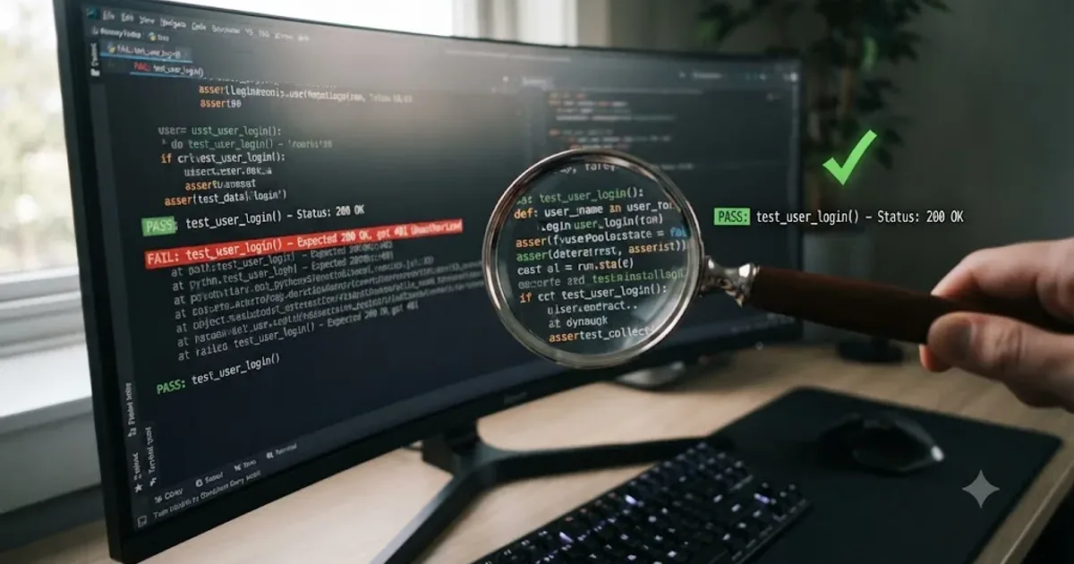Illustration of a terminal window with a magnifying glass hovering over a highlighted line of code beside a passing test checkmark
