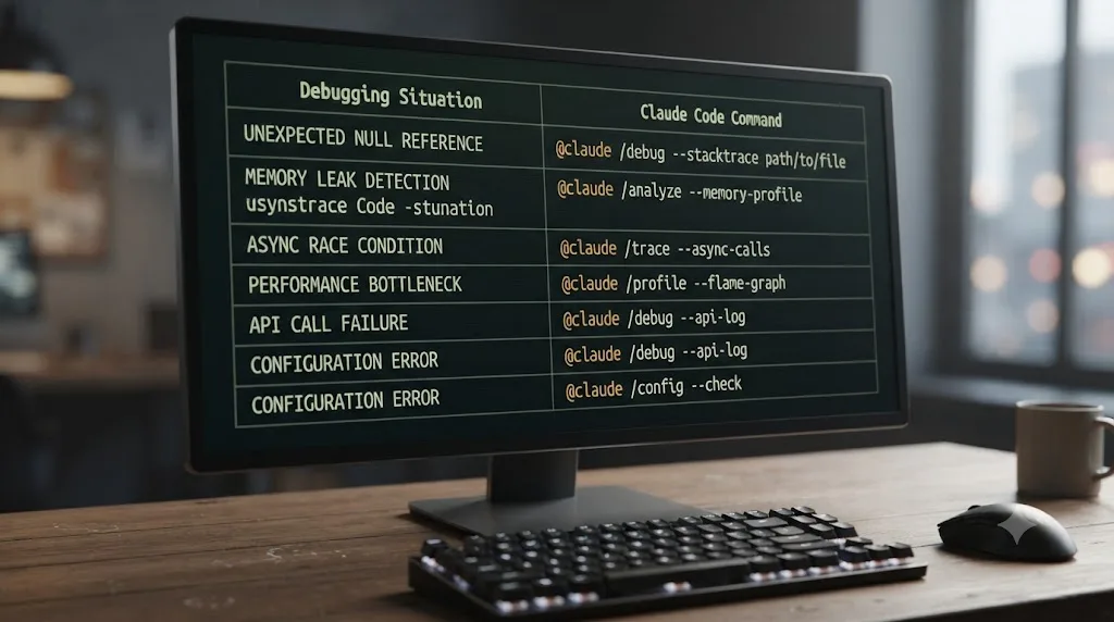 Illustration of a decision table matching debugging situations to the right Claude Code command