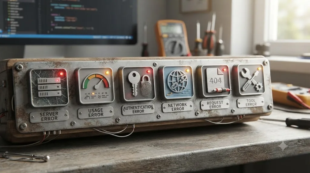 Illustration of six categories of Claude Code error messages each represented by a distinct icon