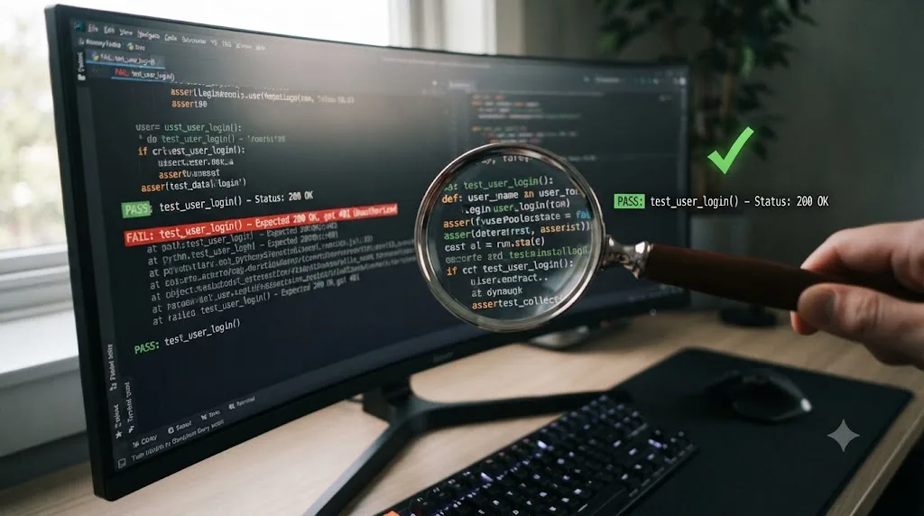 Illustration of a terminal window showing a failing test transitioning to a passing checkmark under a magnifying glass