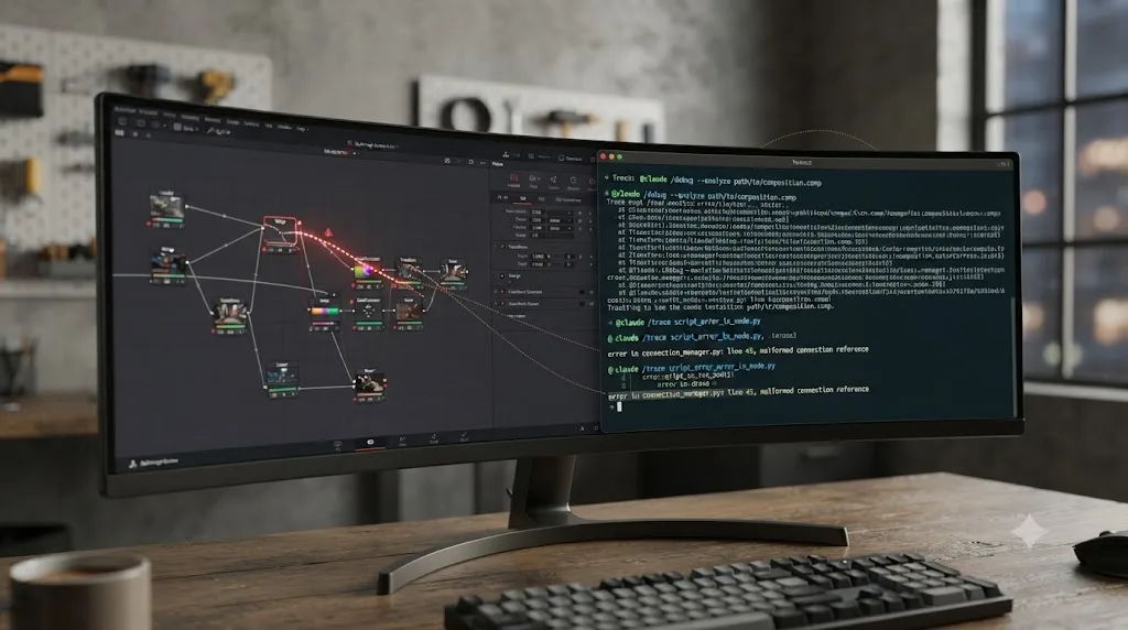Illustration of a split screen showing a broken Fusion node graph beside a Claude Code terminal tracing the underlying script error