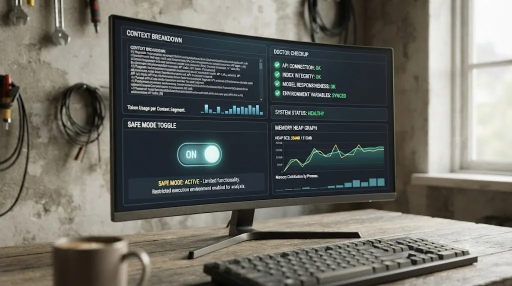 Illustration of a diagnostic dashboard with panels for context breakdown, setup checkup, safe mode, and memory usage