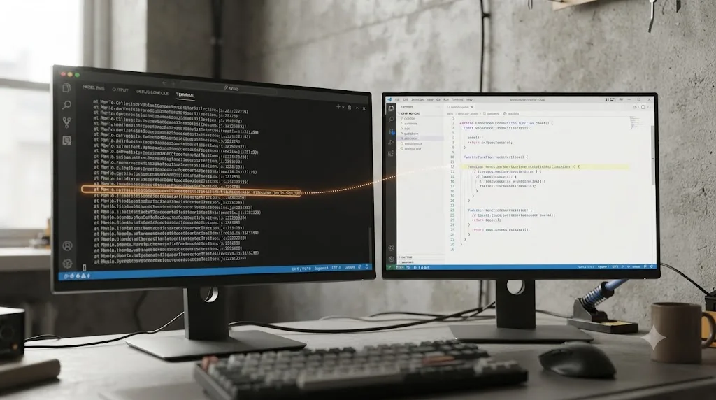 Illustration of a highlighted stack trace line connected to the matching source file for a production bug investigation