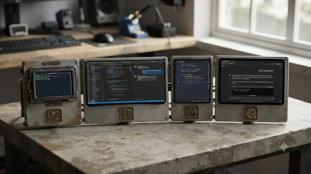 Illustration comparing four AI coding tools side by side by their debugging interaction style