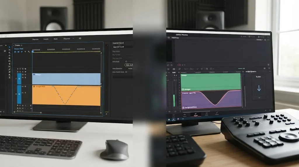 Illustration comparing Adobe Premiere Pro's clip-keyframe auto-ducking against DaVinci Resolve's live reactive Ducker signal