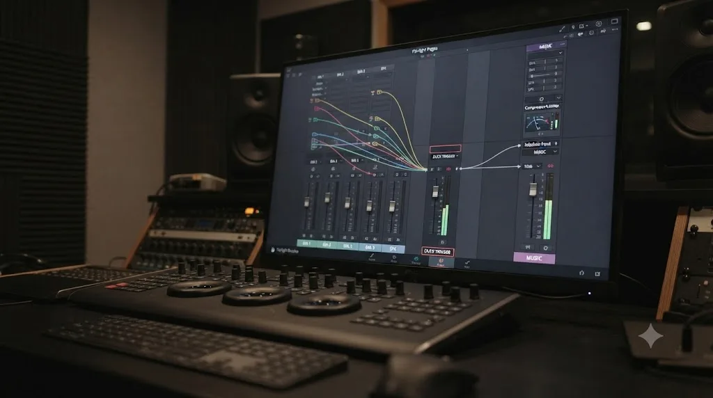Illustration of a DaVinci Resolve Fairlight mixer with multiple tracks routed into one shared bus feeding a sidechain compressor on a music track