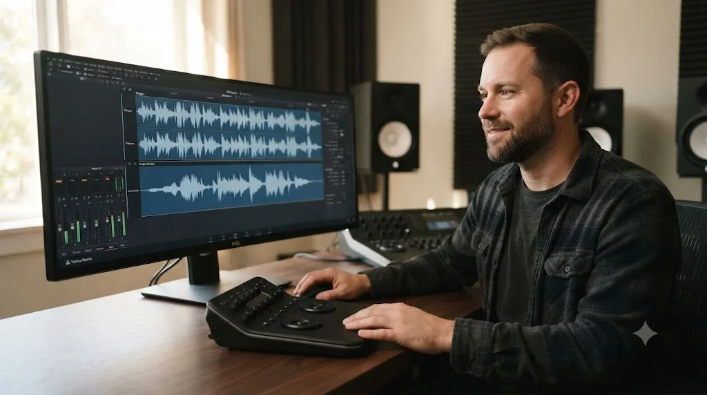 Illustration of an editor confidently watching a DaVinci Resolve Fairlight timeline with a cleanly ducked music waveform under dialogue