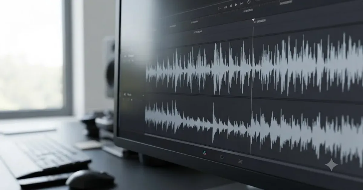 Illustration of a DaVinci Resolve Fairlight timeline with a music waveform dipping down beneath a dialogue waveform, then rising back up