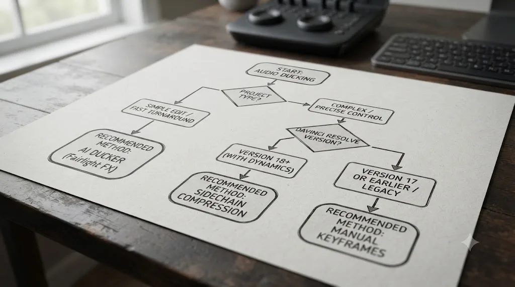 Illustration of a decision flowchart guiding an editor toward Ducker, sidechain compression, or manual keyframes based on their DaVinci Resolve project