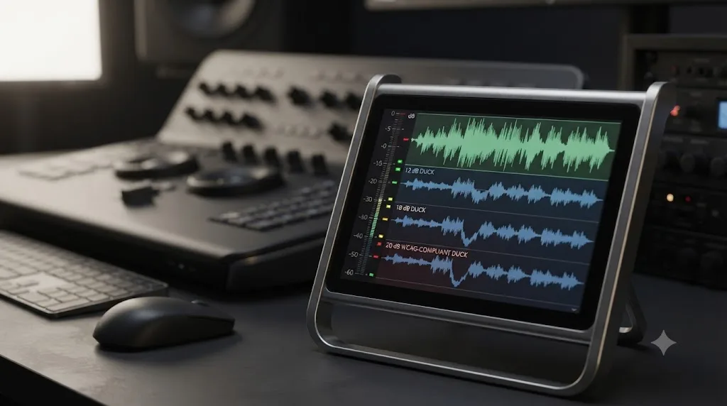 Illustration comparing 12 dB, 18 dB, and 20 dB duck amounts against a dialogue waveform in DaVinci Resolve