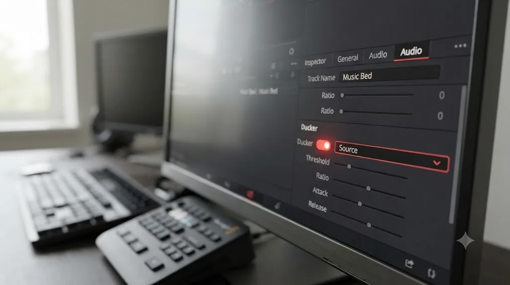 Illustration of the DaVinci Resolve Inspector Audio panel with the Ducker switch toggled red and a Source dropdown menu visible