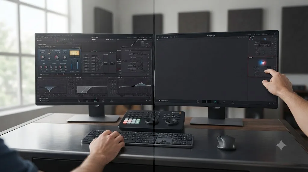 Illustration comparing the older multi-window sidechain compressor setup against the single Ducker toggle window in DaVinci Resolve
