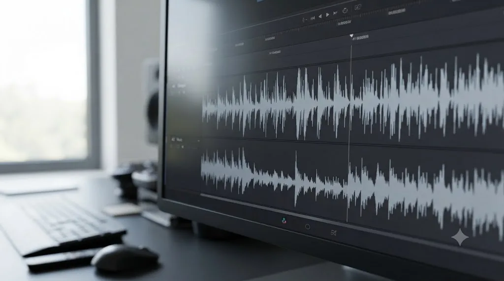 Illustration of a DaVinci Resolve Fairlight timeline with a music waveform ducking beneath a dialogue waveform and rising back afterward