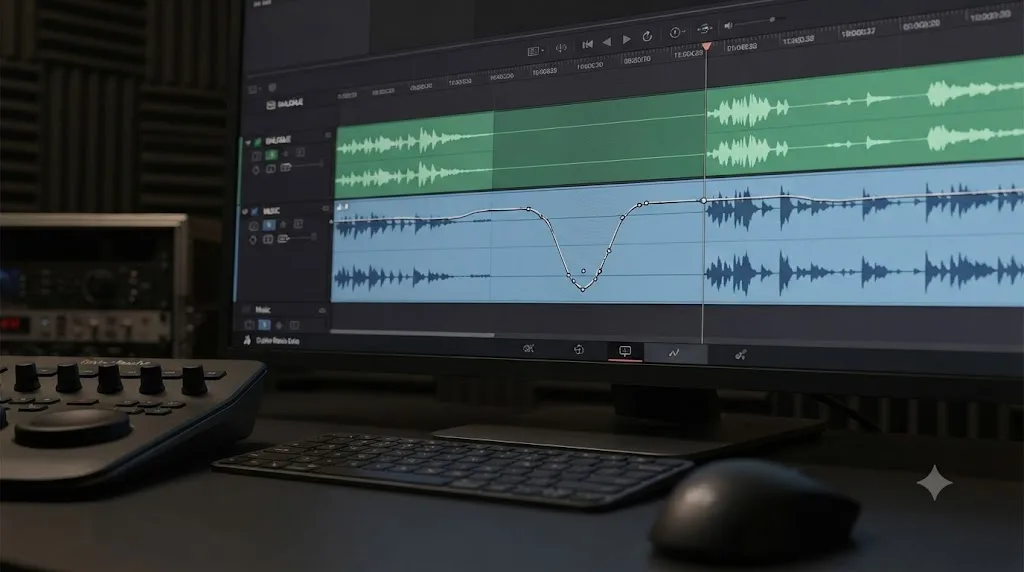 Illustration of a DaVinci Resolve music track with automatic Ducker processing and one clip carrying an additional manual volume keyframe dip