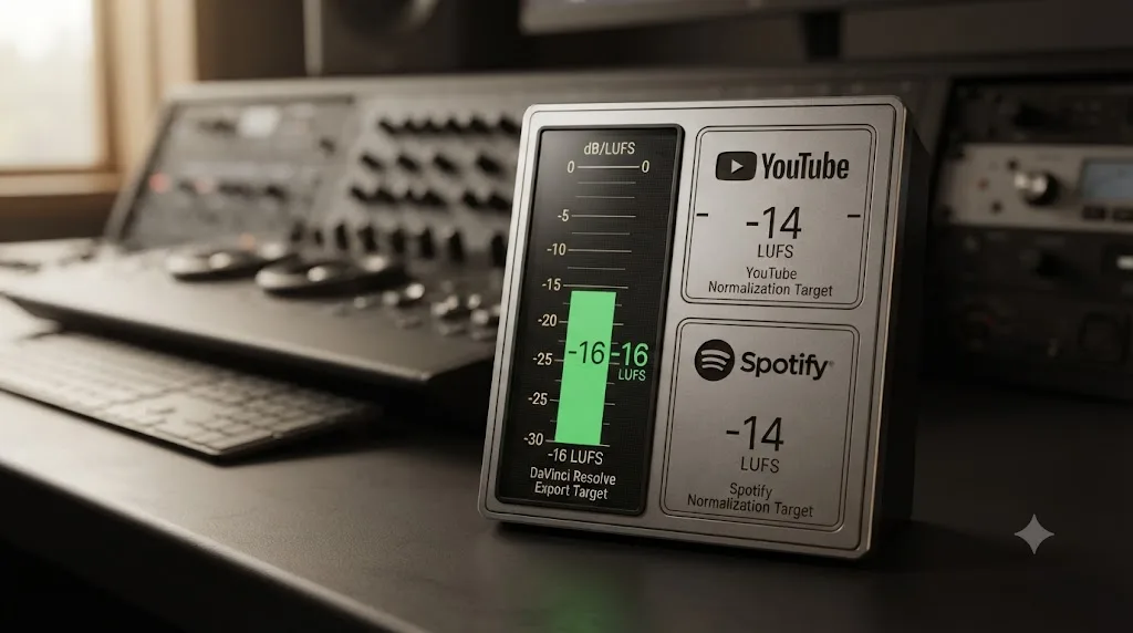 Illustration of a loudness meter comparing a DaVinci Resolve export against YouTube and Spotify LUFS normalization targets