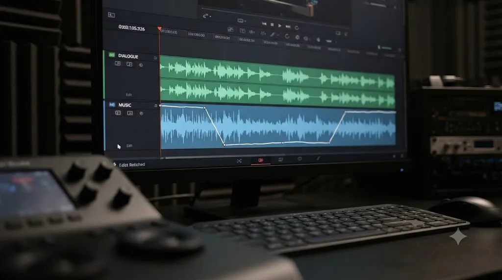 Illustration of a DaVinci Resolve Edit page timeline showing a hand-drawn volume keyframe line dipping and rising around a dialogue section
