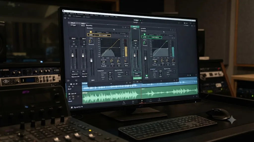 Illustration of the DaVinci Resolve Fairlight Dynamics window with Send enabled on a dialogue track and Listen enabled on a music track