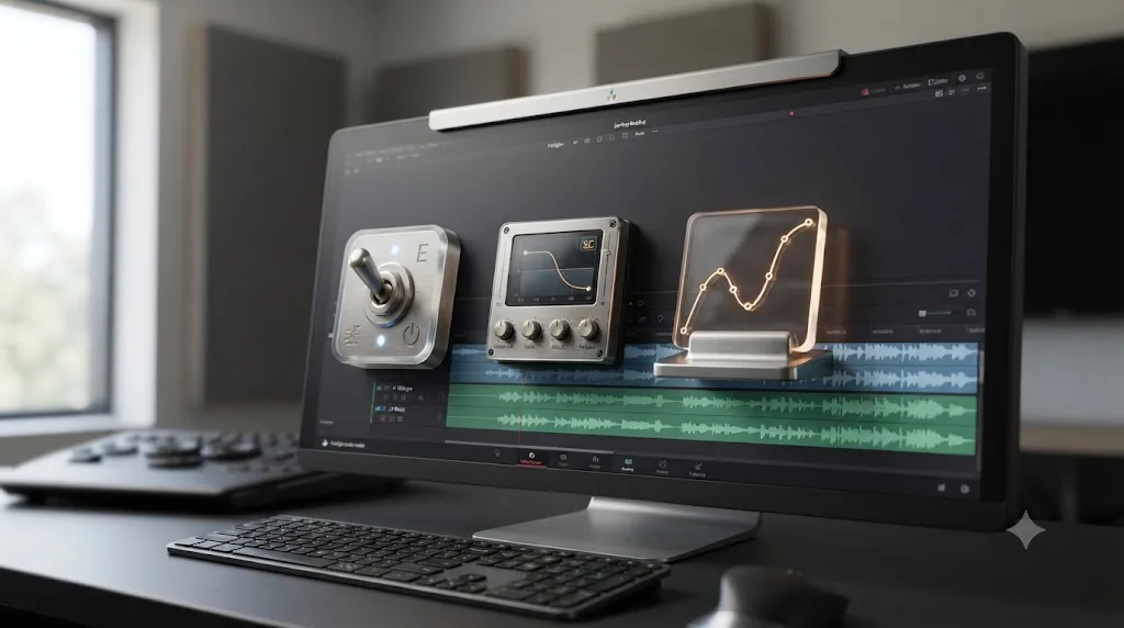 Illustration of three DaVinci Resolve ducking methods shown as icons: a track effect toggle, a sidechain compressor, and a hand-drawn keyframe curve