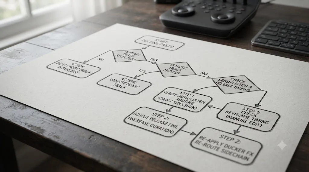 Illustration of a troubleshooting flowchart for failed DaVinci Resolve ducking, branching into track selection, mute state, and timing checks