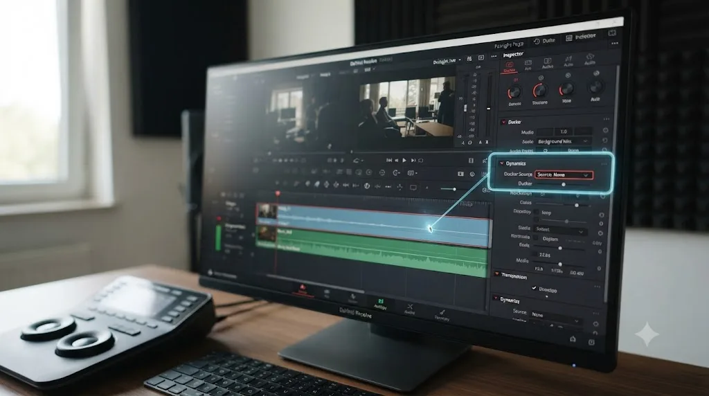 Illustration of an assistant overlay drawing a highlighted box around the Ducker Source dropdown in DaVinci Resolve's Inspector panel