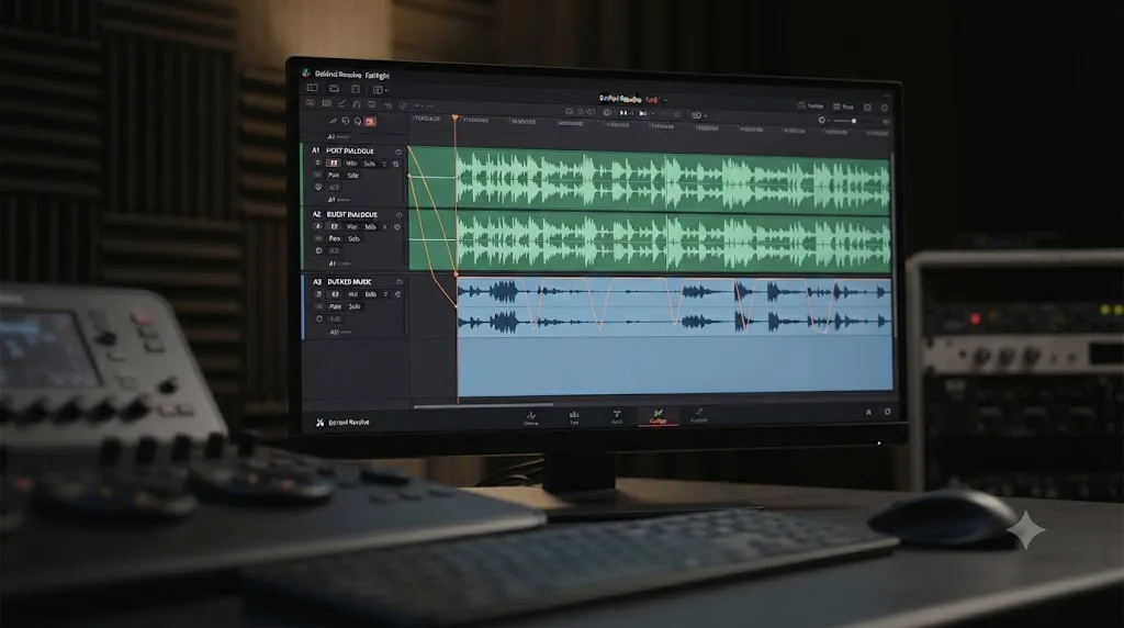 Illustration of a DaVinci Resolve Fairlight timeline with two dialogue tracks sending sidechain signal to a single ducked music track