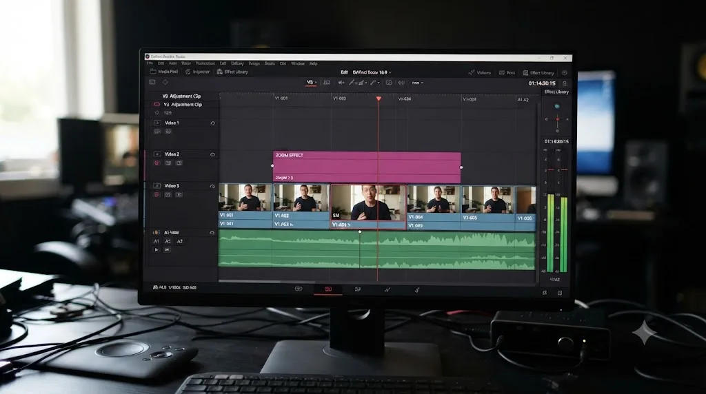 Illustration of a DaVinci Resolve timeline showing an adjustment clip on a higher track applying a zoom effect to clips below it