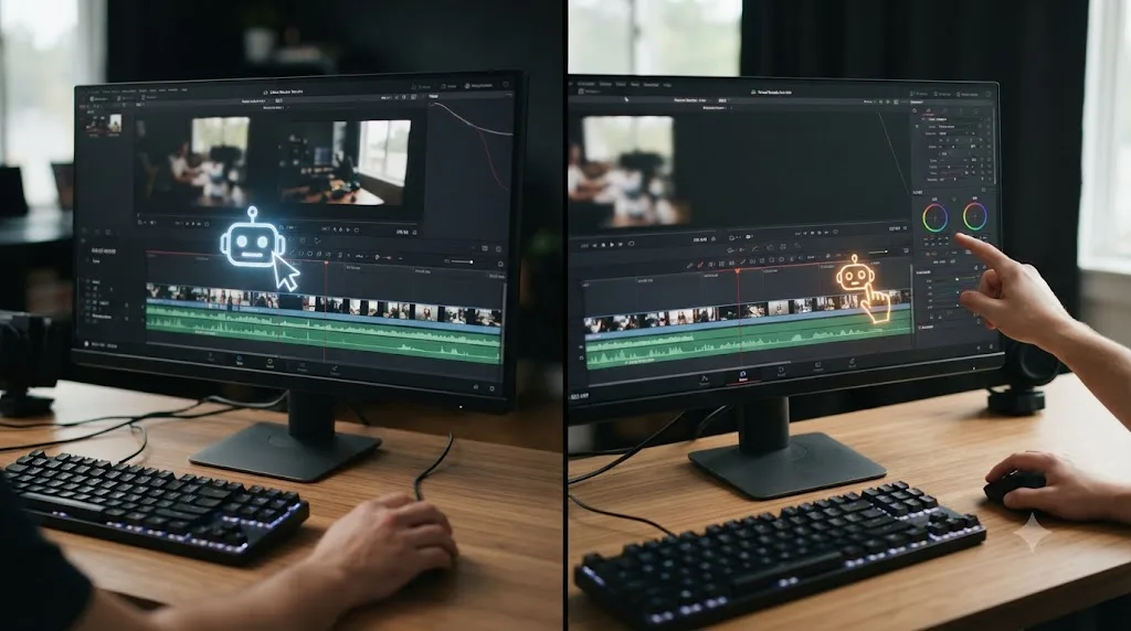 Illustration contrasting an AI agent actively editing a DaVinci Resolve timeline with an AI tutor icon that only points at a control