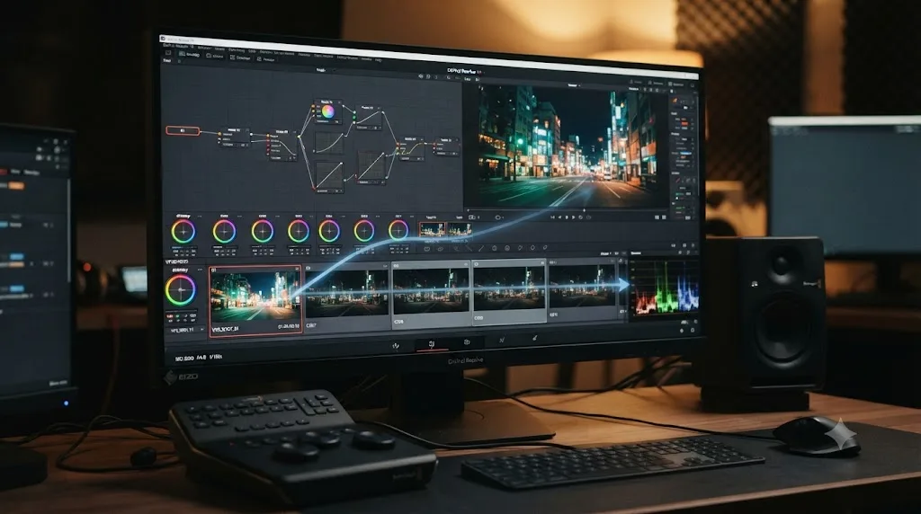 Illustration of a color grade being copied from one clip and applied to five selected clips at once in DaVinci Resolve