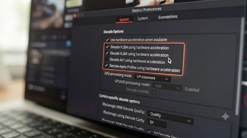 Illustration of DaVinci Resolve's Decode Options preferences panel showing hardware acceleration checkboxes for compressed camera footage