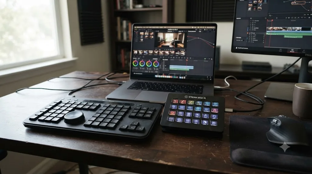Illustration of a DaVinci Resolve Speed Editor keyboard and a Stream Deck side by side on an editing desk
